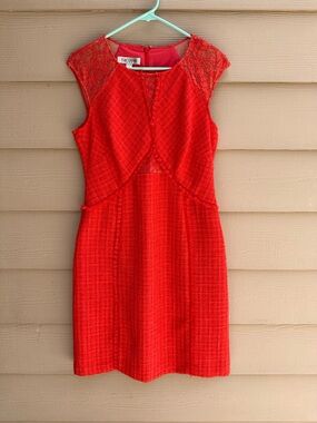 Kay Unger Womens Red Tweed Sheath Dress with Lace Cap Sleeves Sz 8 (C36)